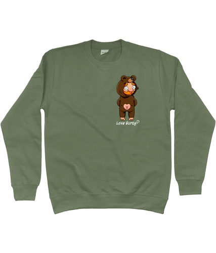 Fun design featuring a cute gay wearing a brown bear onesie with back poppers open showing off his ass