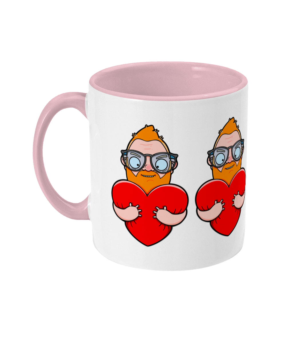 Fun design showcasing a gay ginger daddy embracing a vibrant red heart and giving it a hug.