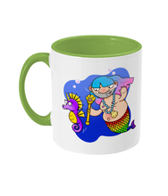 Load image into Gallery viewer, A non binary merperson with gay pride coloured fin and trans pride coloured hair chasing a non binary pride coloured sea horse
