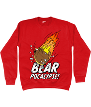 Load image into Gallery viewer, Red sweatshirt with white bold text reading Bearpocalypse! with a large bear crashing into it like a meteorite with flames shooting out behind
