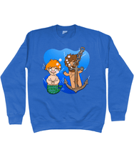 Load image into Gallery viewer, Ginger gay merman and his boyfriend under the sea on a blue sweatshirt
