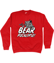 Load image into Gallery viewer, Red sweatshirt with white bold text reading Bearpocalypse! with a robot bear climbing over it.
