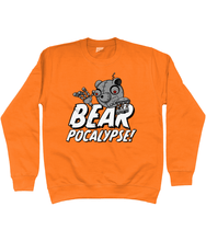 Load image into Gallery viewer, Orange sweatshirt with white bold text reading Bearpocalypse! with a robot bear climbing over it.
