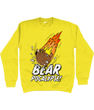 Load image into Gallery viewer, Yellow sweatshirt with white bold text reading Bearpocalypse! with a large bear crashing into it like a meteorite with flames shooting out behind
