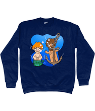 Load image into Gallery viewer, Ginger gay merman and his boyfriend under the sea on a blue sweatshirt
