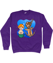 Load image into Gallery viewer, Ginger gay merman and his boyfriend under the sea on a purple sweatshirt
