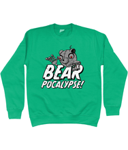 Load image into Gallery viewer, Green Sweatshirt with white bold text reading Bearpocalypse! with a robot bear climbing over it.
