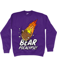 Load image into Gallery viewer, Purple sweatshirt with white bold text reading Bearpocalypse! with a large bear crashing into it like a meteorite with flames shooting out behind
