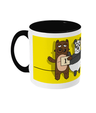 Load image into Gallery viewer, Brown bear, Panda, Polar bear and a gay bear in a lineup on a yellow and black mug
