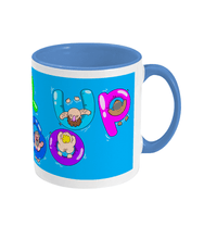 Load image into Gallery viewer, Gay bears paddling on inflatables spelling out Bear Soup on a blue and white mug
