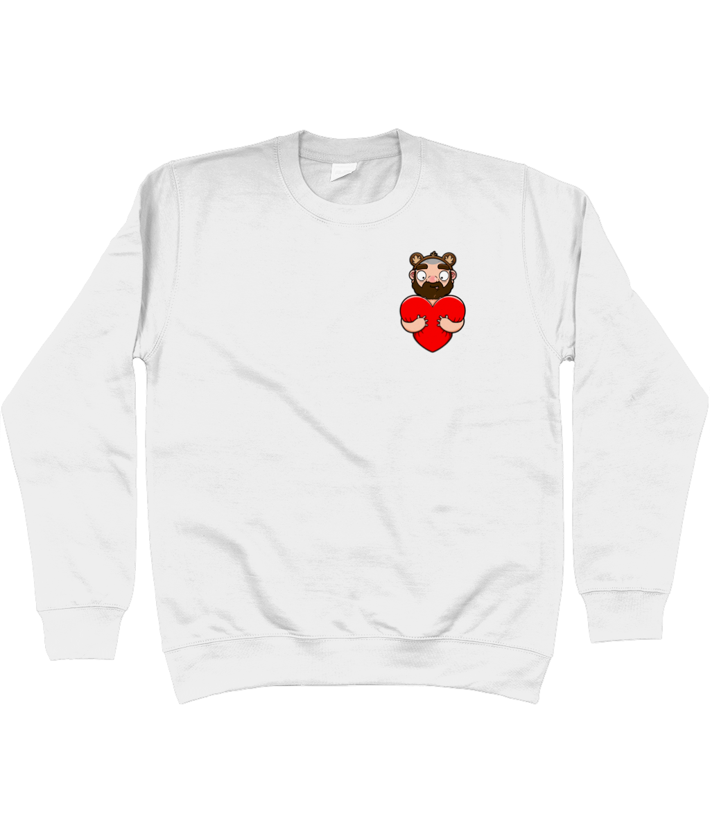 Fun design showcasing a furry bearded gay wearing bear ears embracing a vibrant red heart and giving it a hug.