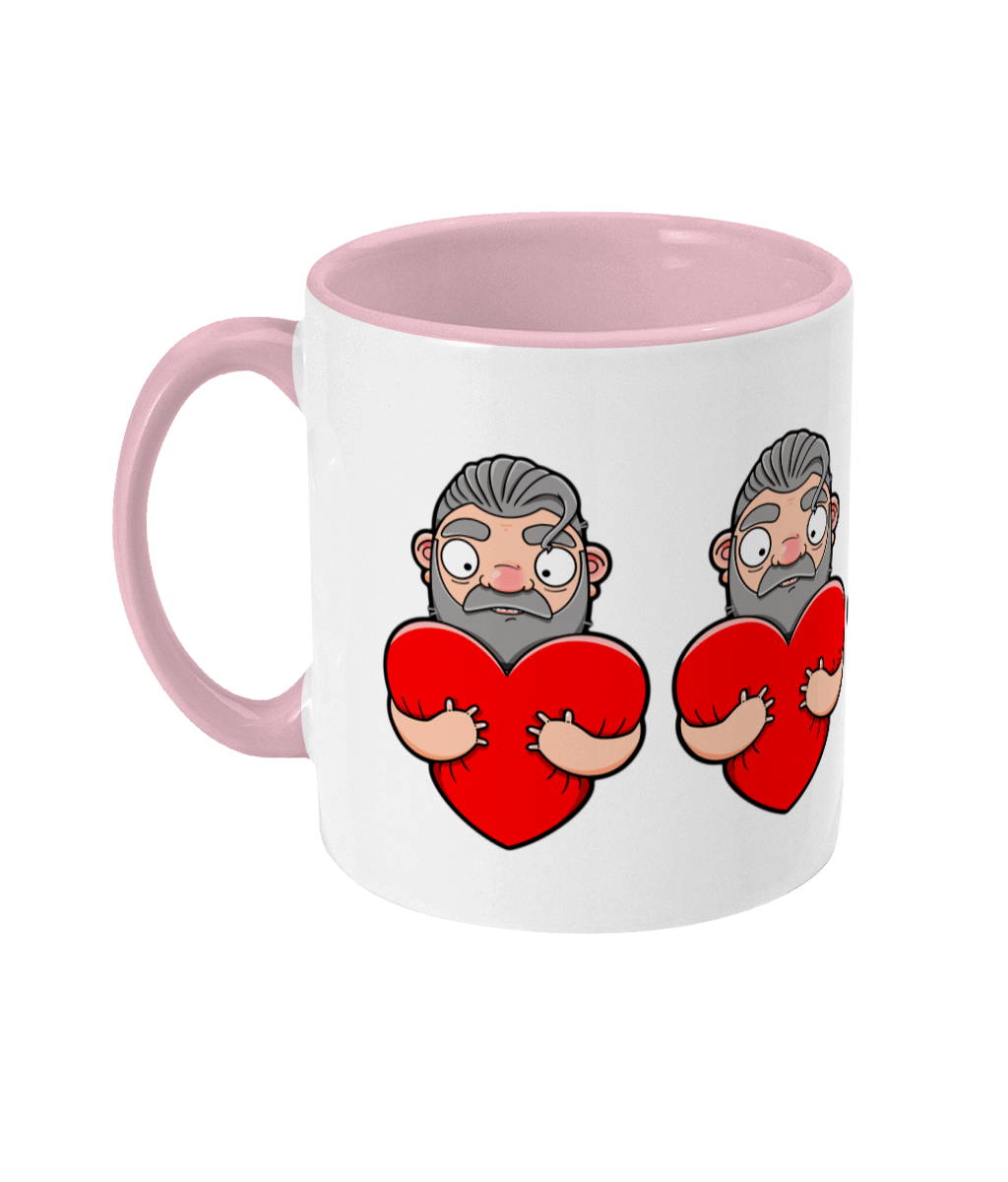 Fun design showcasing a silver haired gay daddy embracing a vibrant red heart and giving it a hug.