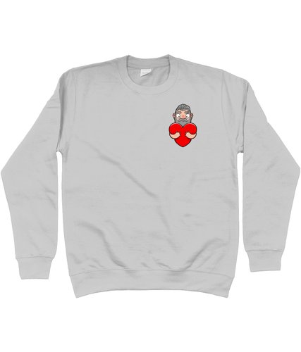 Fun design showcasing a silver haired gay daddy embracing a vibrant red heart and giving it a hug.