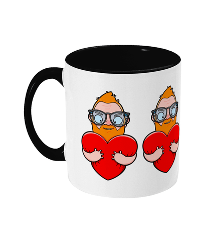 Fun design showcasing a gay ginger daddy embracing a vibrant red heart and giving it a hug.