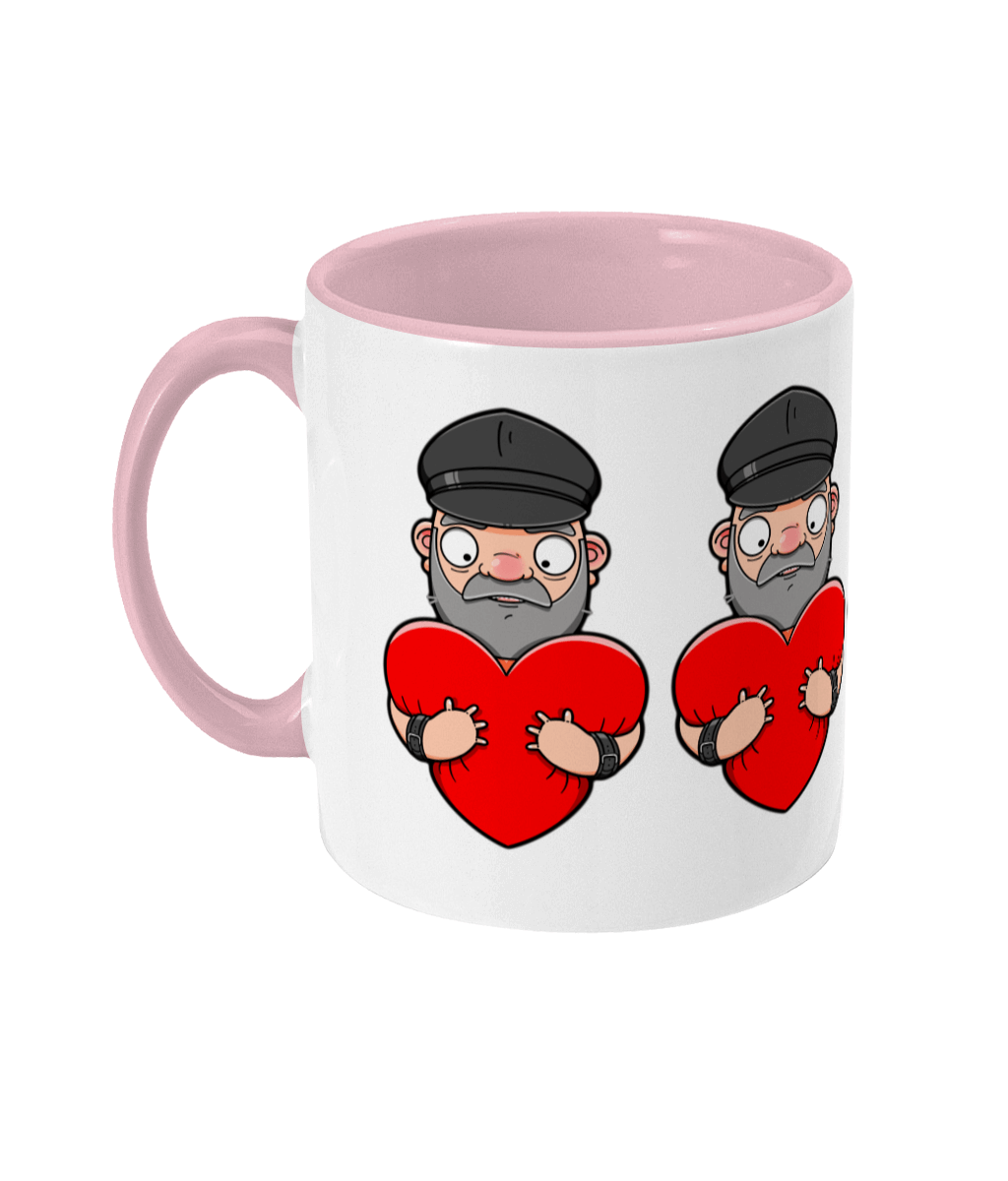 Fun design showcasing a gay leather daddy wearing leather cap and leather wrist straps embracing a vibrant red heart and giving it a hug.