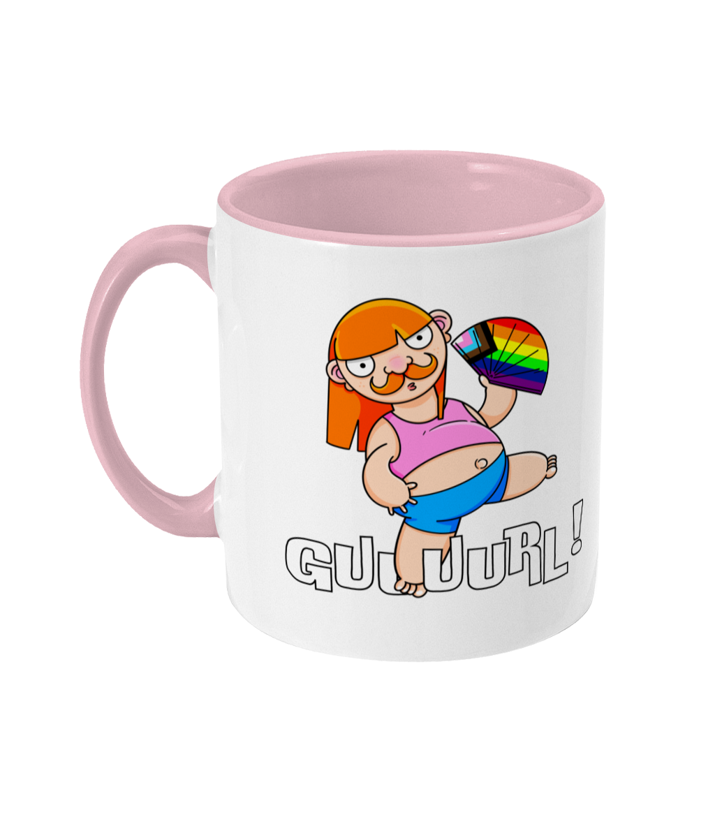 A non binary ginger person with long hair and a a moustache wearing a crop top and shorts and performing fanography with a Pride Progression flag coloured fan.