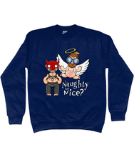 Load image into Gallery viewer, A gay man dressed in leather trousers and a harness and a devil mask along with a naked angel in blue glasses flying to his side with the words Naughty or Nice below
