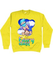 Load image into Gallery viewer, A male fairy with blue hair carrying a bald man by his briefs as they fly through the sky with the words Powered by Fairy Dust beneath
