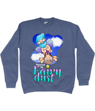 Load image into Gallery viewer, A male fairy with blue hair carrying a bald man by his briefs as they fly through the sky with the words Powered by Fairy Dust beneath
