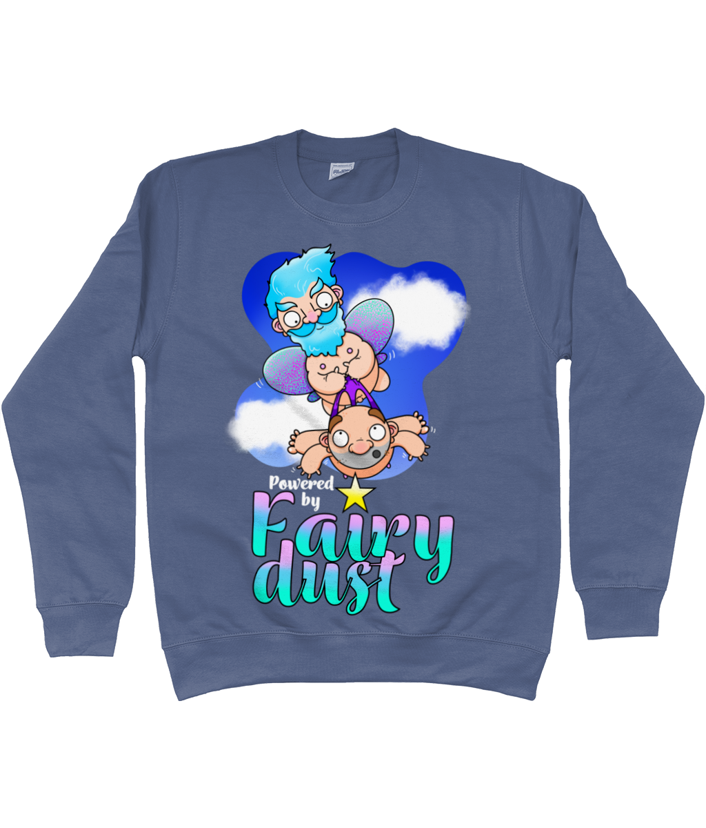 A male fairy with blue hair carrying a bald man by his briefs as they fly through the sky with the words Powered by Fairy Dust beneath