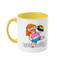 Load image into Gallery viewer, A non binary ginger person with long hair and a a moustache wearing a crop top and shorts and performing fanography with a Pride Progression flag coloured fan.
