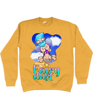 Load image into Gallery viewer, A male fairy with blue hair carrying a bald man by his briefs as they fly through the sky with the words Powered by Fairy Dust beneath
