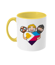 Load image into Gallery viewer, The new polyamory flag in heart shape being hugged by three men in a gay throuple relationship
