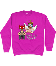 Load image into Gallery viewer, A gay man dressed in leather trousers and a harness and a devil mask along with a naked angel in blue glasses flying to his side with the words Naughty or Nice below
