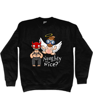 Load image into Gallery viewer, A gay man dressed in leather trousers and a harness and a devil mask along with a naked angel in blue glasses flying to his side with the words Naughty or Nice below
