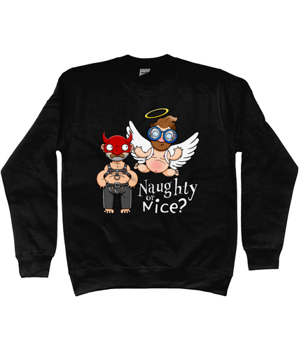 A gay man dressed in leather trousers and a harness and a devil mask along with a naked angel in blue glasses flying to his side with the words Naughty or Nice below