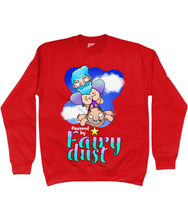 Load image into Gallery viewer, A male fairy with blue hair carrying a bald man by his briefs as they fly through the sky with the words Powered by Fairy Dust beneath
