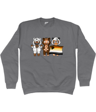 Load image into Gallery viewer, Three cute gay hunks in their bear onesies celebrating with their Bear Pride flag
