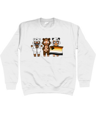 Load image into Gallery viewer, Three cute gay hunks in their bear onesies celebrating with their Bear Pride flag
