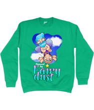 Load image into Gallery viewer, A male fairy with blue hair carrying a bald man by his briefs as they fly through the sky with the words Powered by Fairy Dust beneath
