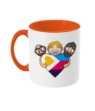 Load image into Gallery viewer, The new polyamory flag in heart shape being hugged by three men in a gay throuple relationship
