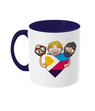Load image into Gallery viewer, The new polyamory flag in heart shape being hugged by three men in a gay throuple relationship
