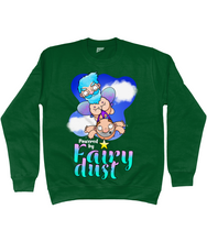 Load image into Gallery viewer, A male fairy with blue hair carrying a bald man by his briefs as they fly through the sky with the words Powered by Fairy Dust beneath
