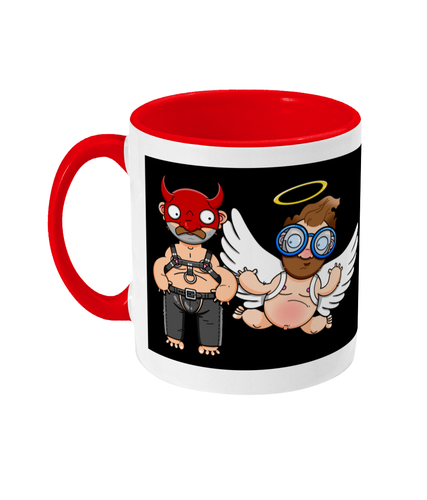 A gay man dressed in leather trousers and a harness and a devil mask along with a naked angel in blue glasses flying to his side