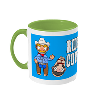 Load image into Gallery viewer, A gay cowboy wearing checked shirt, jeans, chaps and a cowboy hat standing next to a naked man hog tied with red rope.
