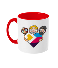 Load image into Gallery viewer, The new polyamory flag in heart shape being hugged by three men in a gay throuple relationship
