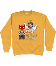 Load image into Gallery viewer, A gay man dressed in leather trousers and a harness and a devil mask along with a naked angel in blue glasses flying to his side with the words Naughty or Nice below
