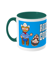 Load image into Gallery viewer, A gay cowboy wearing checked shirt, jeans, chaps and a cowboy hat standing next to a naked man hog tied with red rope.
