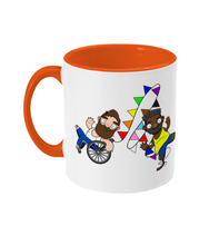 Load image into Gallery viewer, Two disabled gay hunks one in a wheelchair and one an amputee racing whilst celebrating pride.
