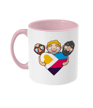 Load image into Gallery viewer, The new polyamory flag in heart shape being hugged by three men in a gay throuple relationship
