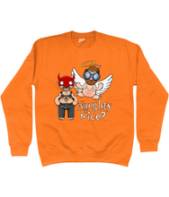Load image into Gallery viewer, A gay man dressed in leather trousers and a harness and a devil mask along with a naked angel in blue glasses flying to his side with the words Naughty or Nice below
