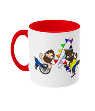 Load image into Gallery viewer, Two disabled gay hunks one in a wheelchair and one an amputee racing whilst celebrating pride.
