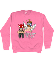 Load image into Gallery viewer, A gay man dressed in leather trousers and a harness and a devil mask along with a naked angel in blue glasses flying to his side with the words Naughty or Nice below
