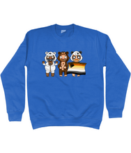 Load image into Gallery viewer, Three cute gay hunks in their bear onesies celebrating with their Bear Pride flag
