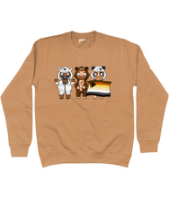 Load image into Gallery viewer, Three cute gay hunks in their bear onesies celebrating with their Bear Pride flag
