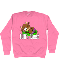 Load image into Gallery viewer, A brown bull with big horns reclining on a patch of grass wearing pink briefs.
